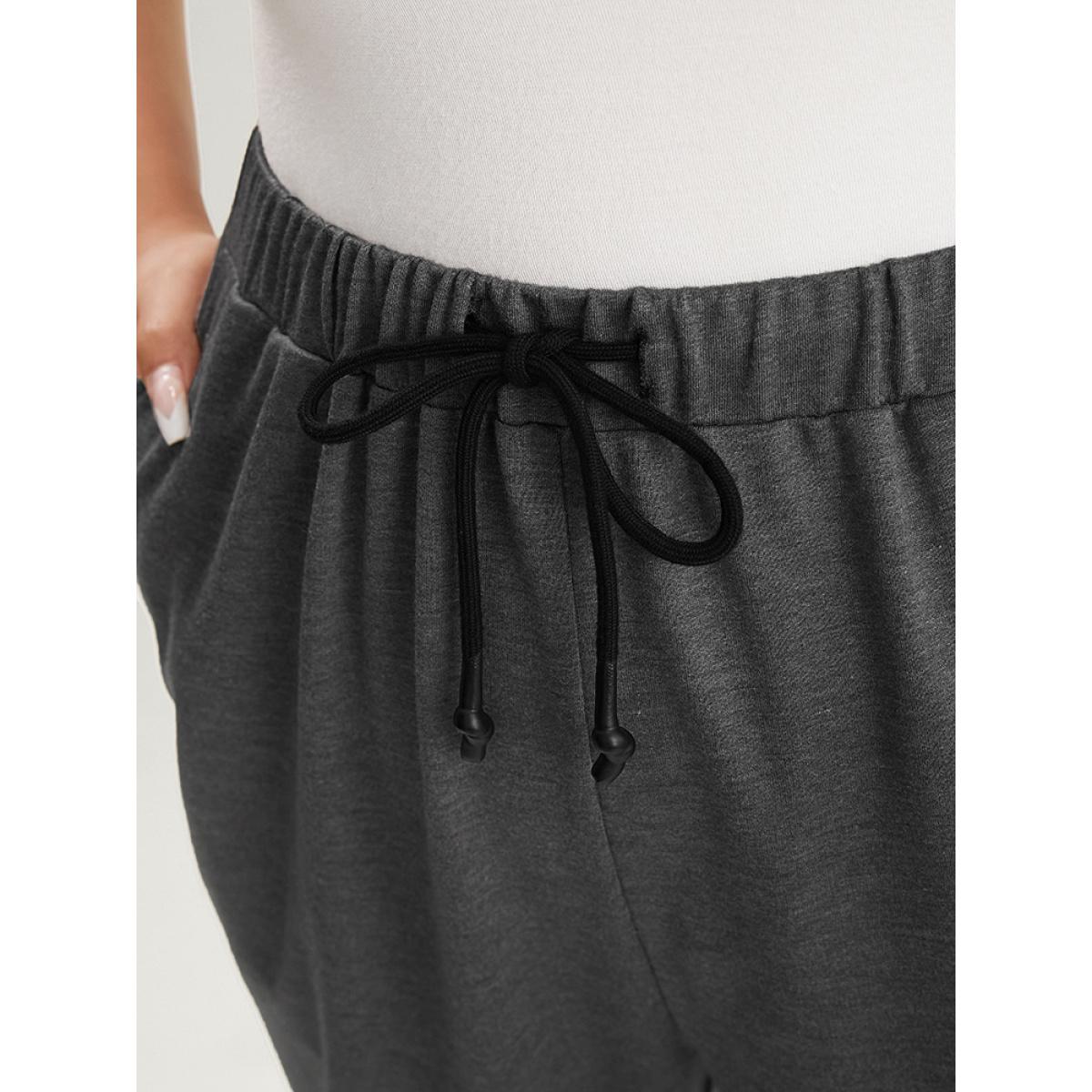 Plus Size Plain Pocket Elastic Waist Ties Front Pants Women Gray Casual Loose High Rise Dailywear Pants BloomChic 12/L Product Image