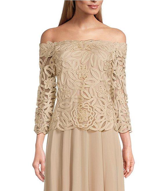 Soulmates Embroidered Floral Lace Bodice 3/4 Sleeve Square Neck Gown Product Image