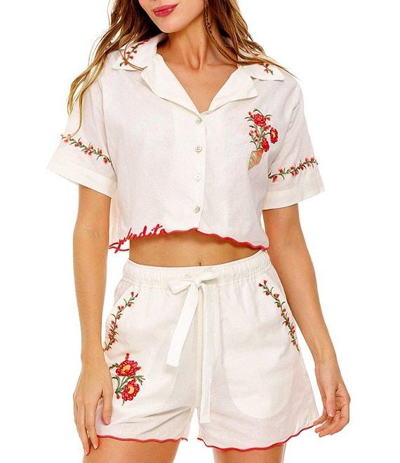 Agua Bendita Itsy Floral Embroidered Notch Collar Short Sleeve Crop Shirt Product Image