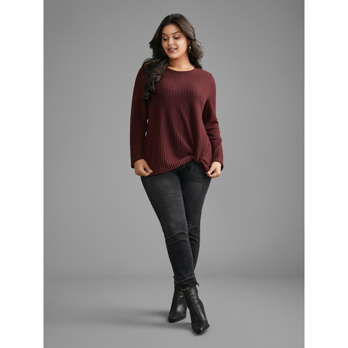 Plus Size Round Neck Waffle Knit Twist Front T-shirt Deepred Women Casual Twist Round Neck Everyday T-shirts BloomChic 28/5X Product Image