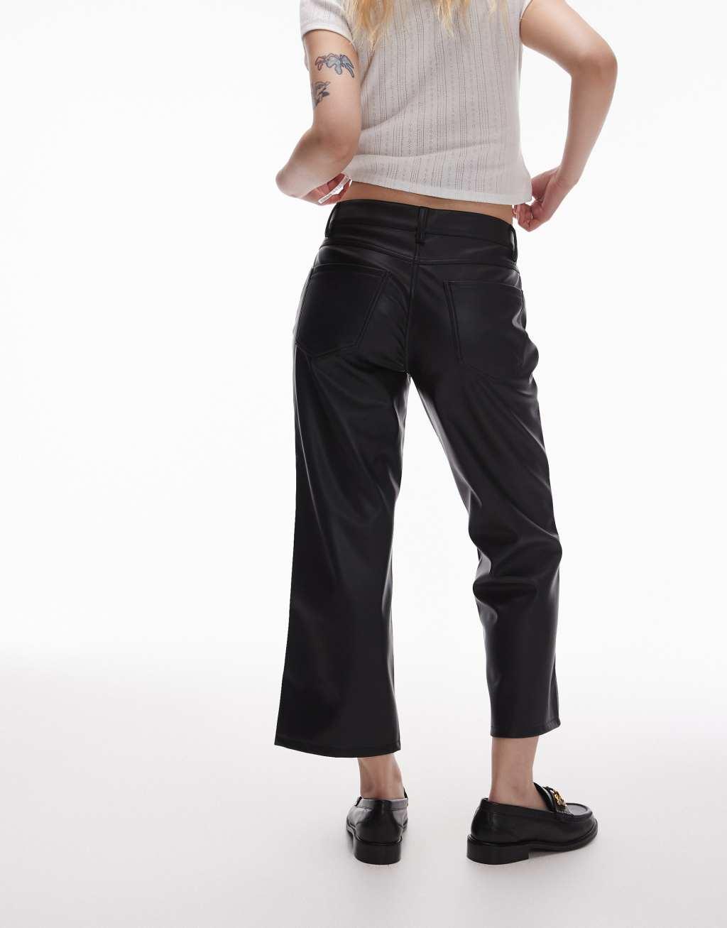 Topshop Petite ankle grazer straight leg faux leather pants in black Product Image