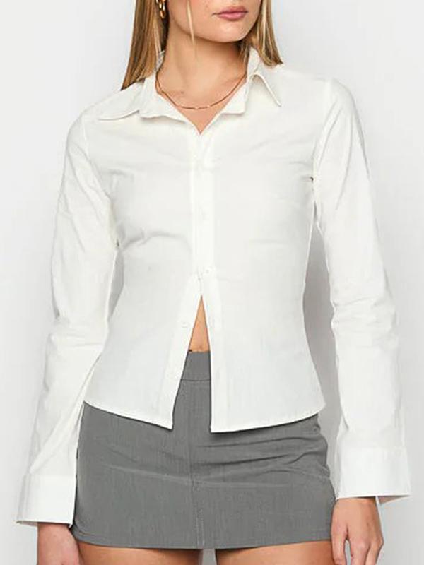 Long Sleeves Skinny Buttoned Solid Color Lapel Blouses&Shirts Tops Product Image