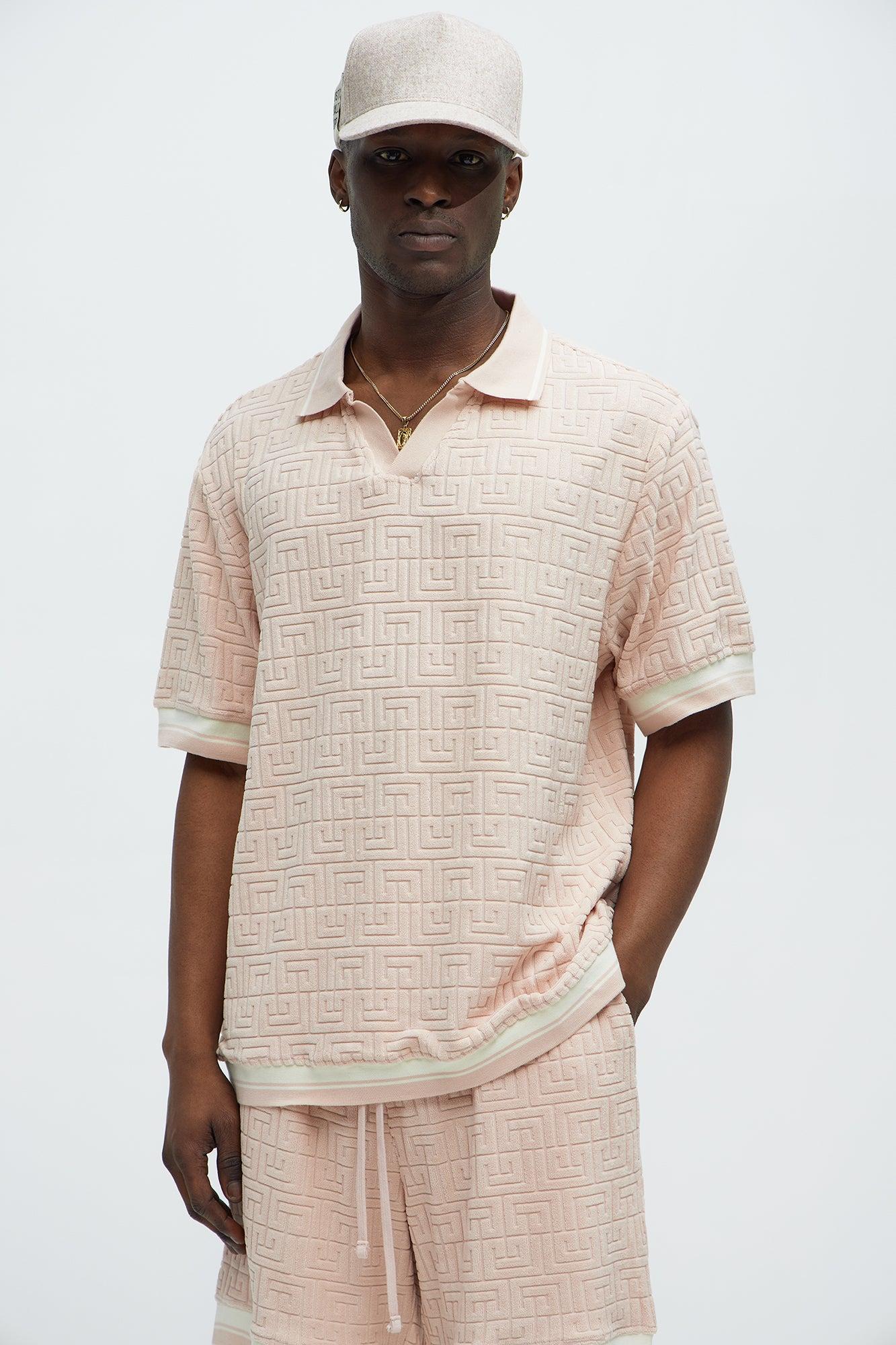Grecian Textured Johnny Collar Polo Shirt - Pink Product Image