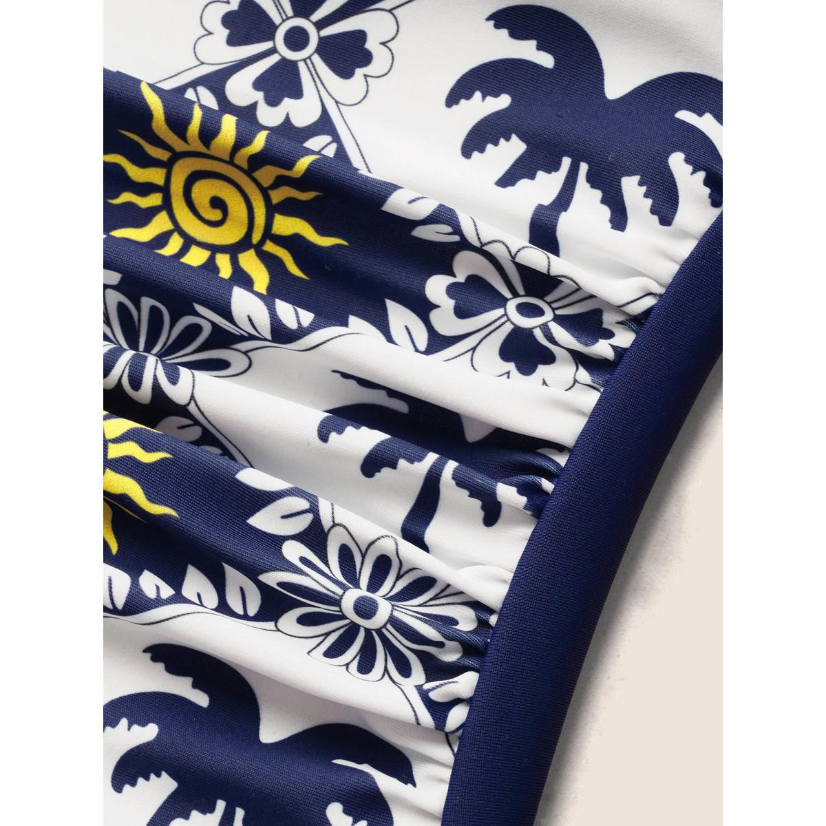 Plus Size Tropical Print Patchwork Gathered Knotted One Piece Swimsuit Women's Swimwear Indigo Beach Gathered Curve Bathing Suits High stretch One Pieces BloomChic 10/M Product Image