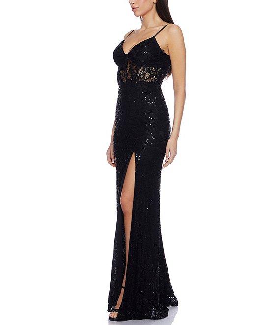 B. Darlin Stretch Sequin Lace V-Neck Spaghetti Strap Bustier Illusion Waist Front Slit Dress Product Image