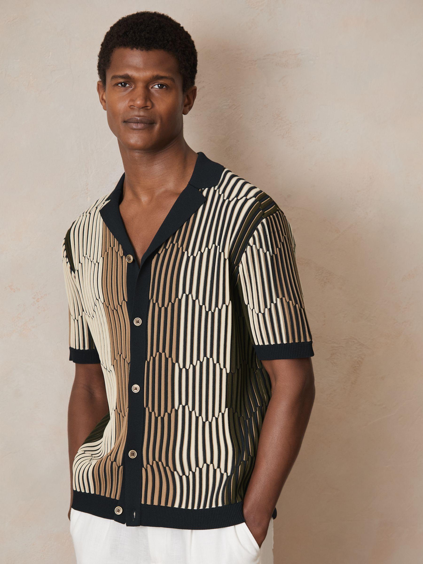 Reiss | Ché Stripe-Intarsia Shirt in Navy/Camel Product Image