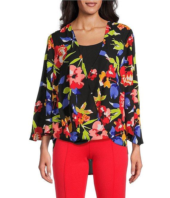 Slim Factor by Investments Spring Bloom Print 3/4 Flare Sleeve Scoop Neck Crossover Top Product Image