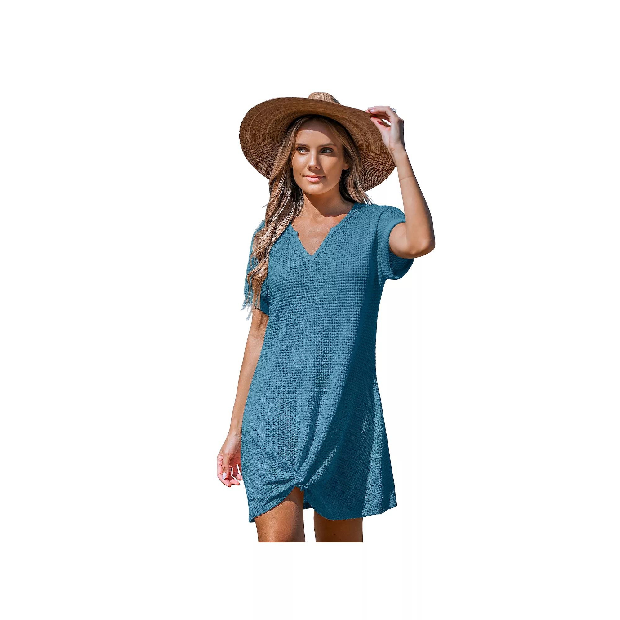 Women's Cupshe Waffle-Knit Short Sleeve Cover-Up Mini Dress, Size: XS, Blue Product Image
