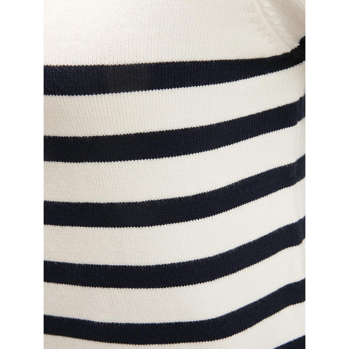 Plus Size Striped Pointelle Knit V Neck Contrast Loose Knit Top White Women Casual Loose Long Sleeve V-neck Dailywear Pullovers BloomChic 10/M Product Image