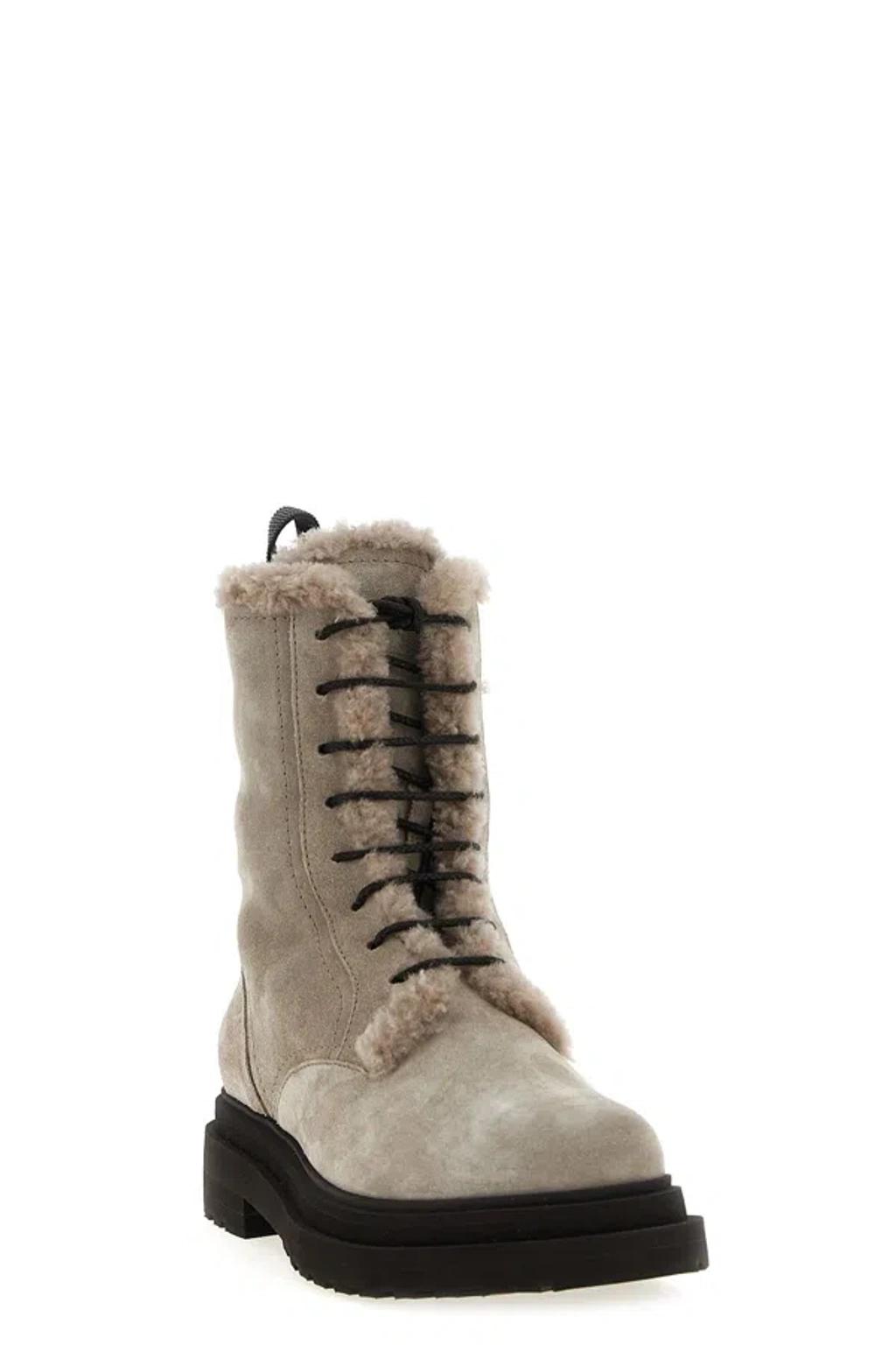 BRUNELLO CUCINELLI Chunky Sole Suede Combat Boots Monile In Neutral Product Image