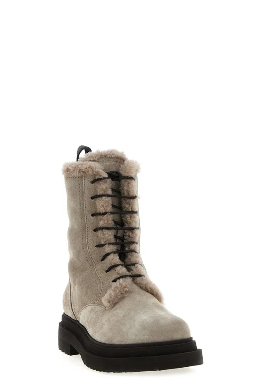 BRUNELLO CUCINELLI Chunky Sole Suede Combat Boots Monile In Neutral Product Image