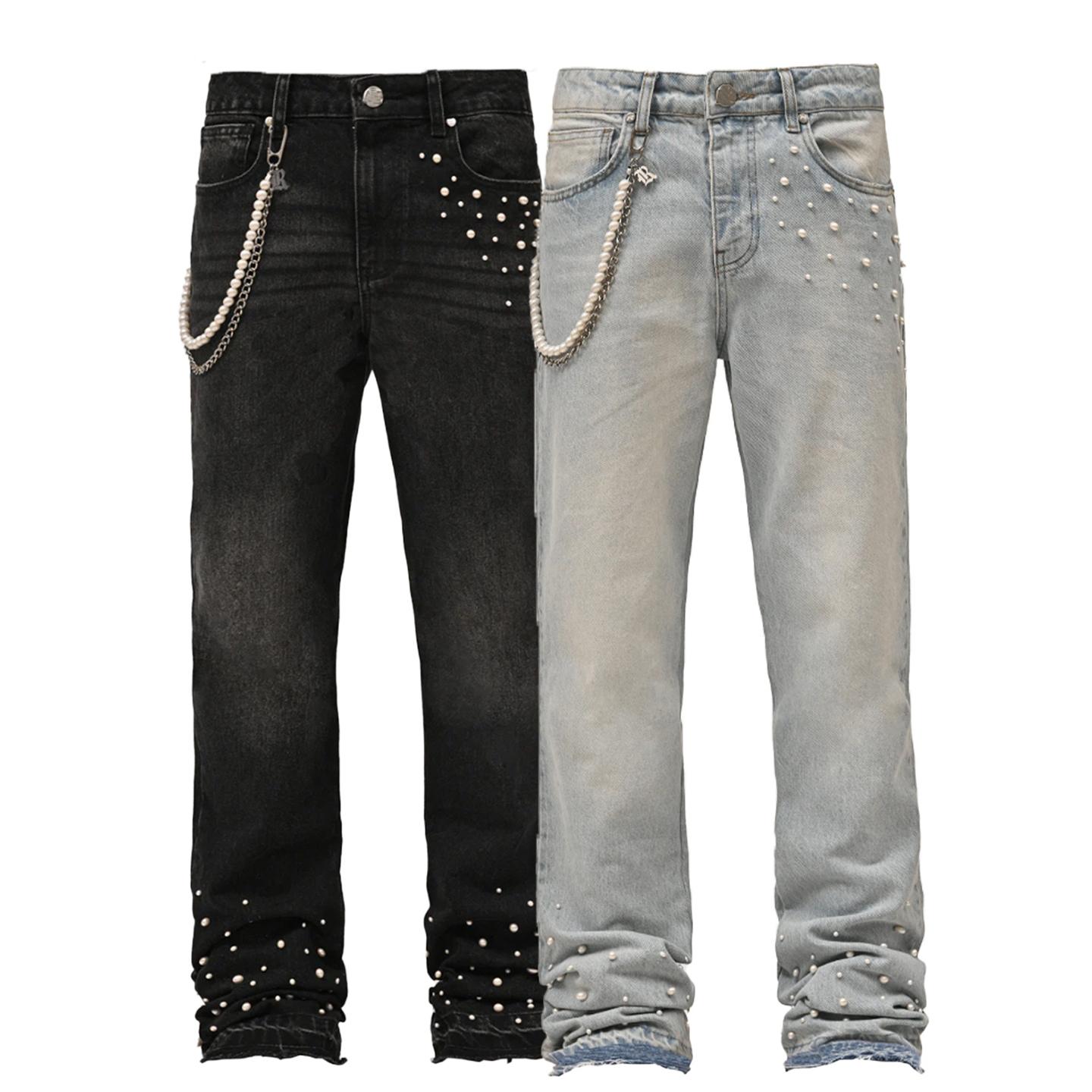 Men’s Stacked Denim Jeans Pearl Decor Streetwear Straight Pants Product Image