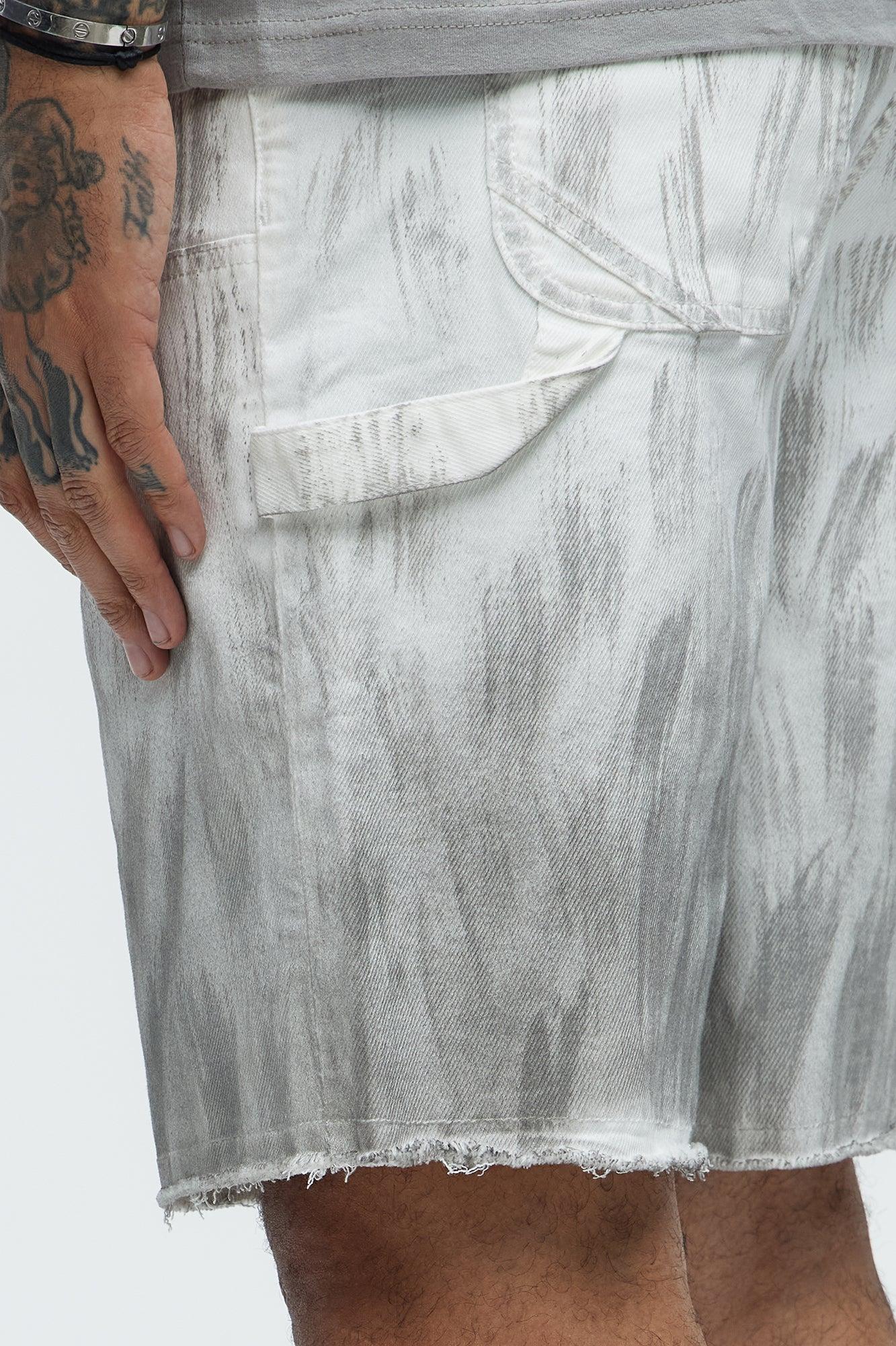 Brush Stained Relaxed Denim Carpenter Shorts - Grey Product Image