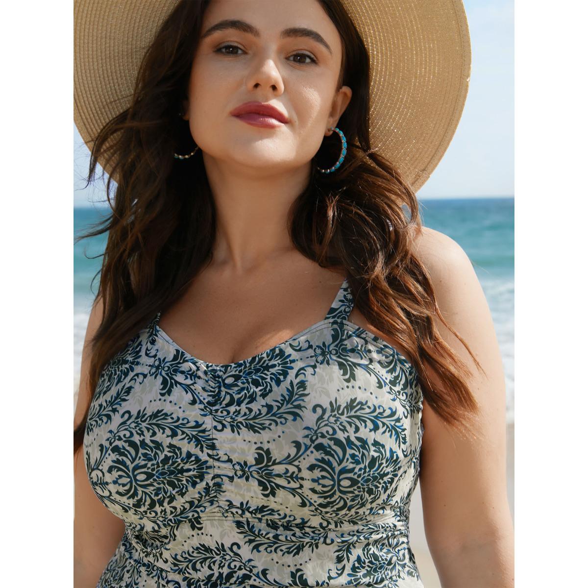 Plus Size Boho Print Heart Neckline Gathered Swim Dress Women's Swimwear DarkBlue Beach Bodycon Heart neckline High stretch Curve Swim Dresses BloomChic 28/5X Product Image