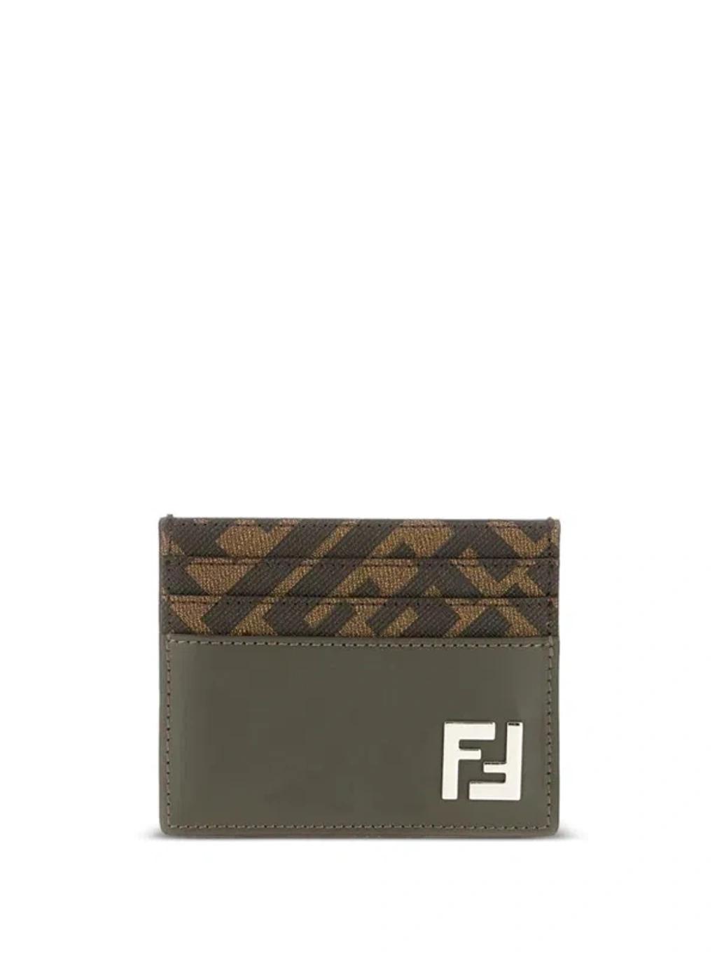 FENDI Brown Card-holder With Squared Ff Motif In Leather And Ff Canvas Man In Ebony Product Image