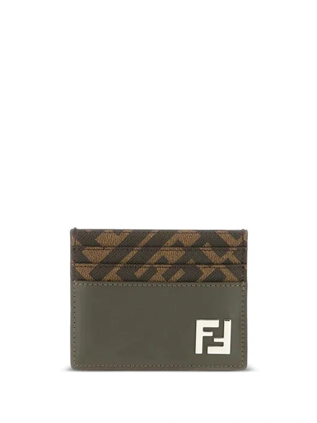 FENDI Brown Card-holder With Squared Ff Motif In Leather And Ff Canvas Man In Ebony Product Image