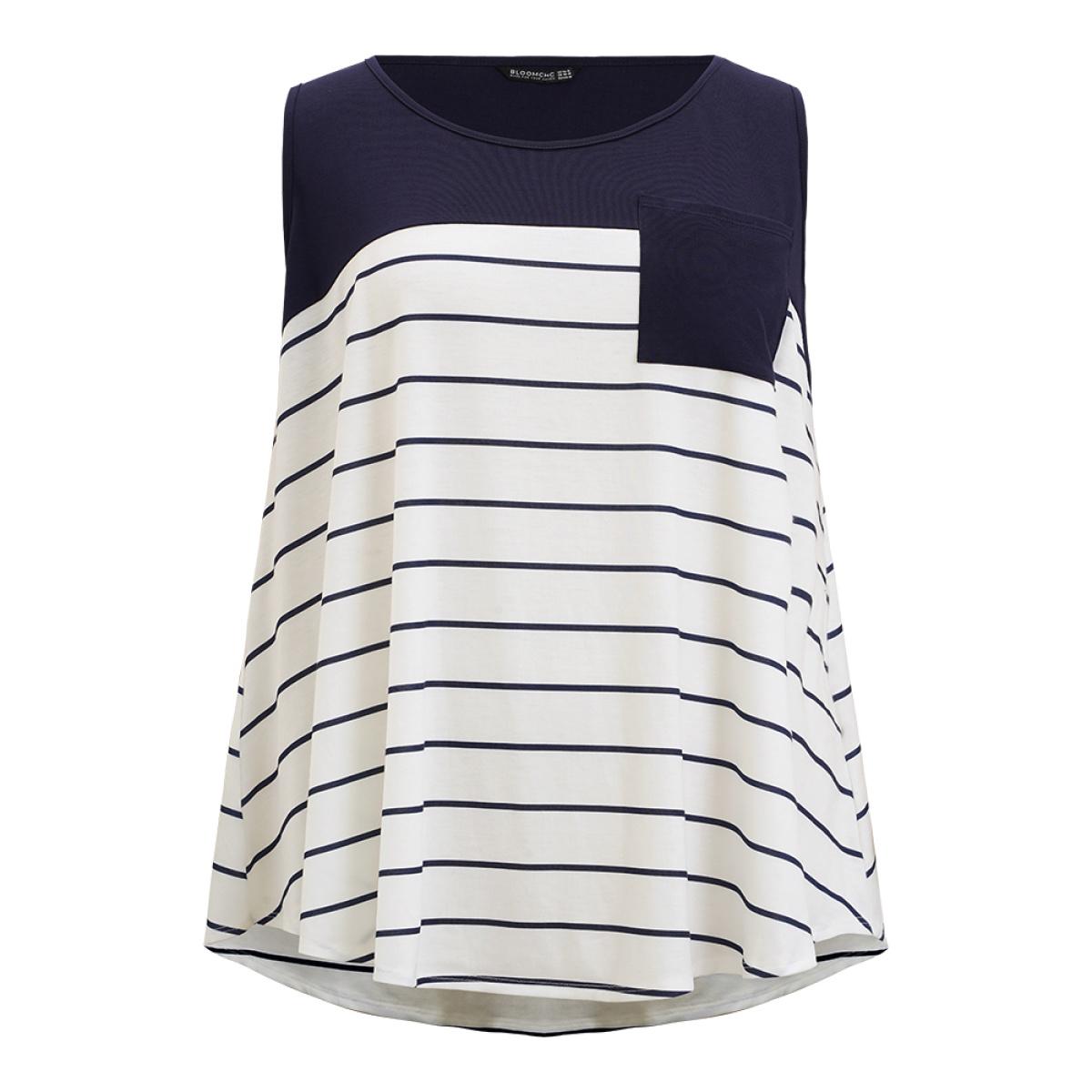 Plus Size Striped Patchwork Pocket Tank Top Women Navy Casual Round Neck Dailywear Tank Tops Camis BloomChic 28/5X Product Image