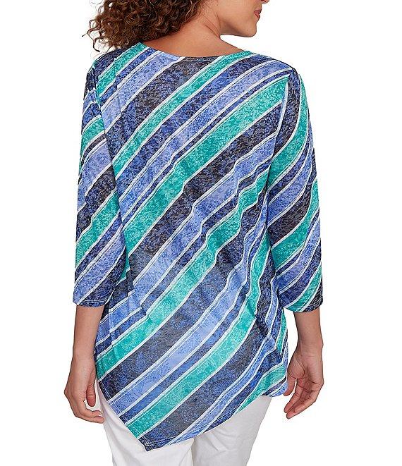 Ruby Rd. Knit Stripe Crew Neck 3/4 Sleeve Asymmetric Hem Top Product Image