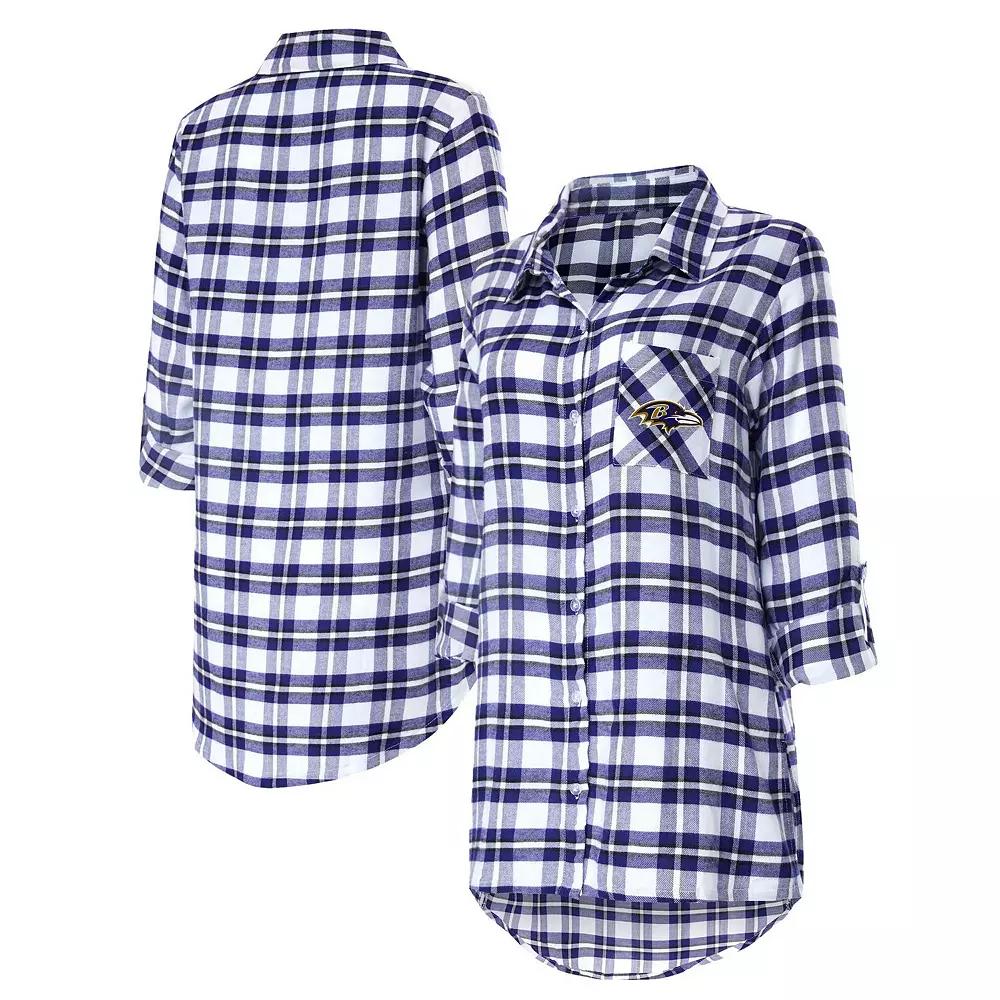 Women's Concepts Sport Purple Baltimore Ravens Sienna Plaid Full-Button Long Sleeve Nightshirt, Size: Large Product Image