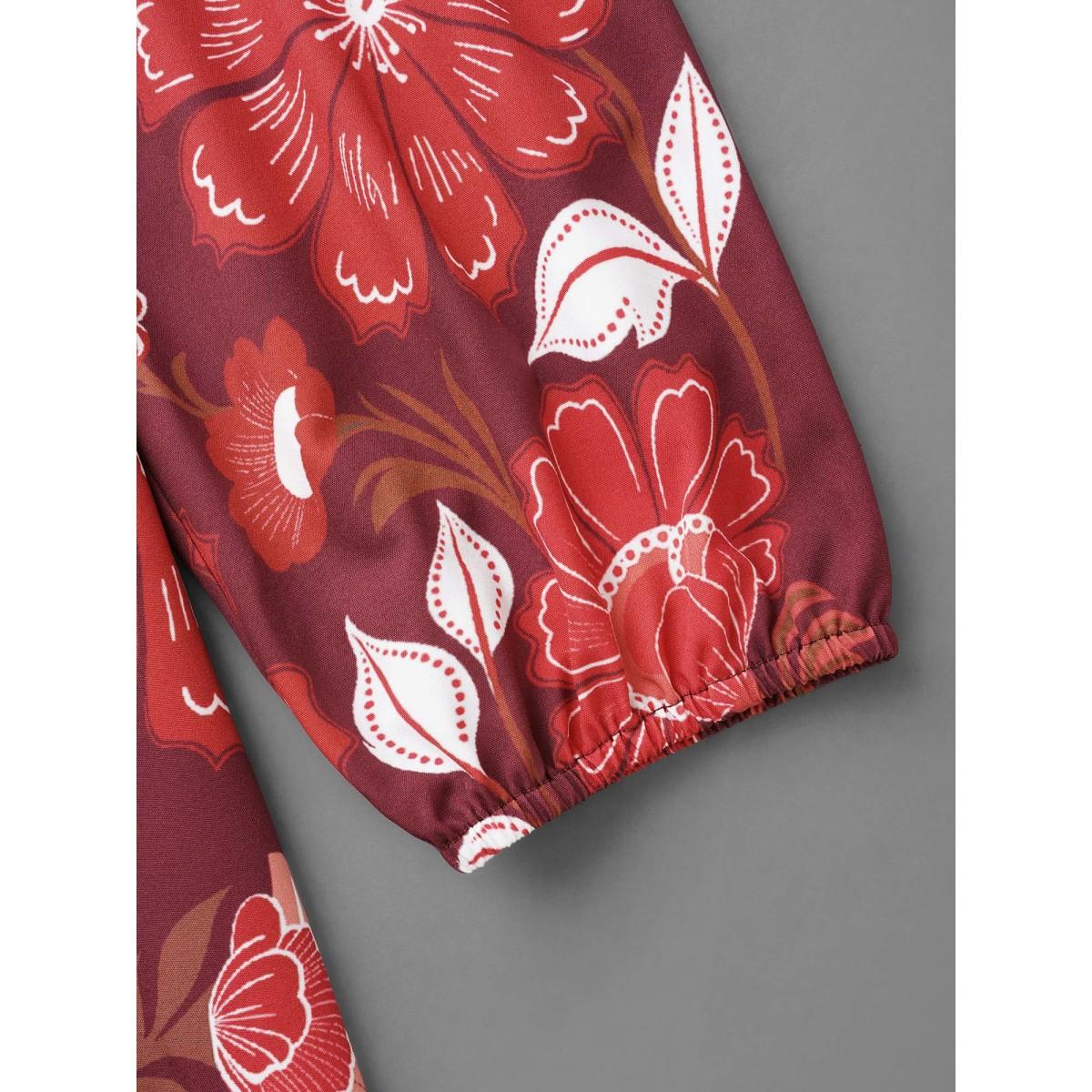 Plus Size Boho Print Belted Lantern Sleeve Dress Burgundy Women Cocktail Belted Notched collar Long Sleeve Curvy BloomChic 28/5X Product Image