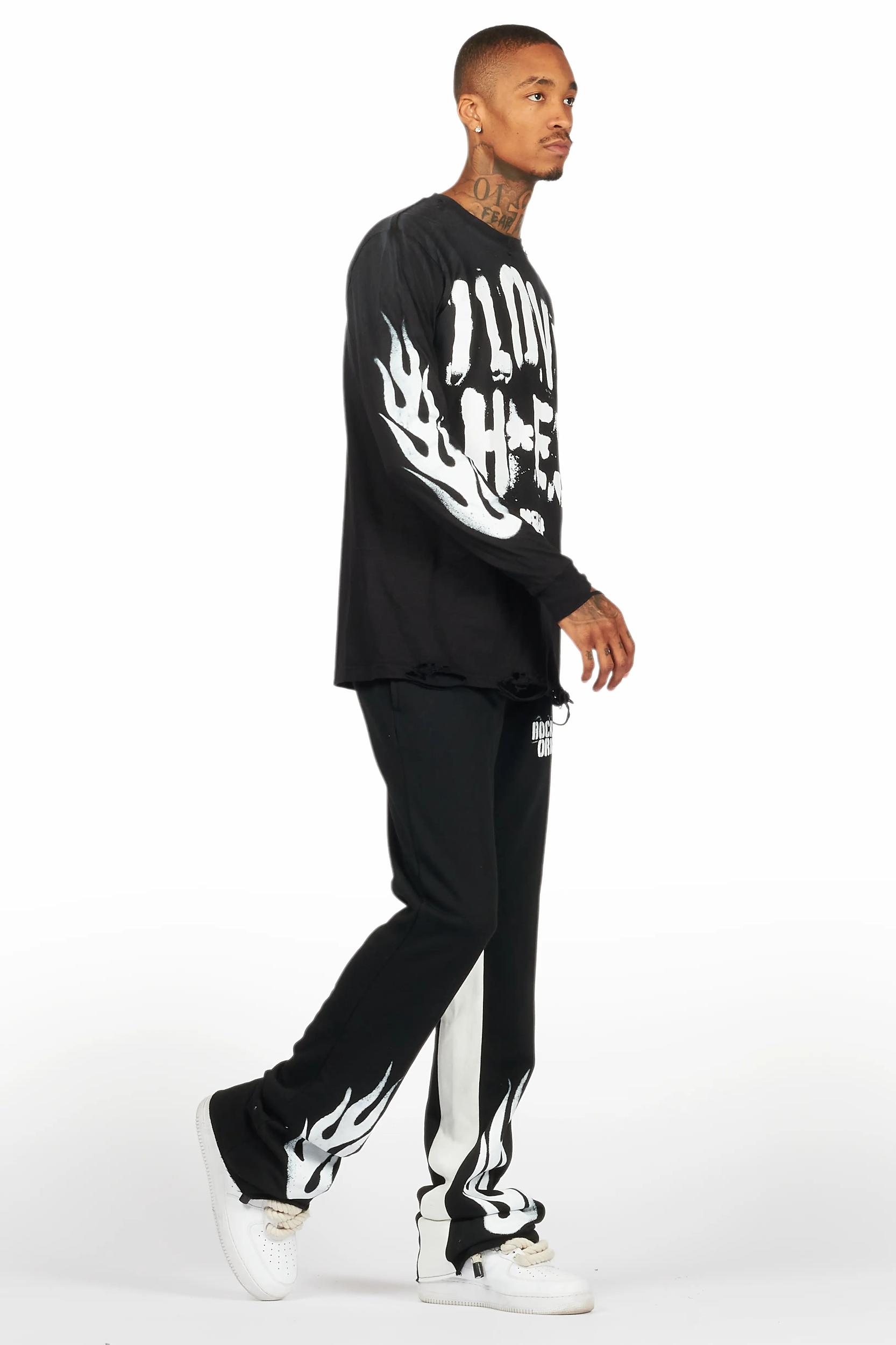 Banyan Black/White Long Sleeve T-Shirt/Stacked Baggy Track Pant Set Male Product Image