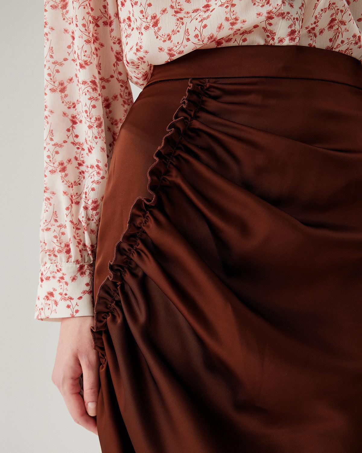 Coffee Ruched Pencil Midi Skirt Product Image