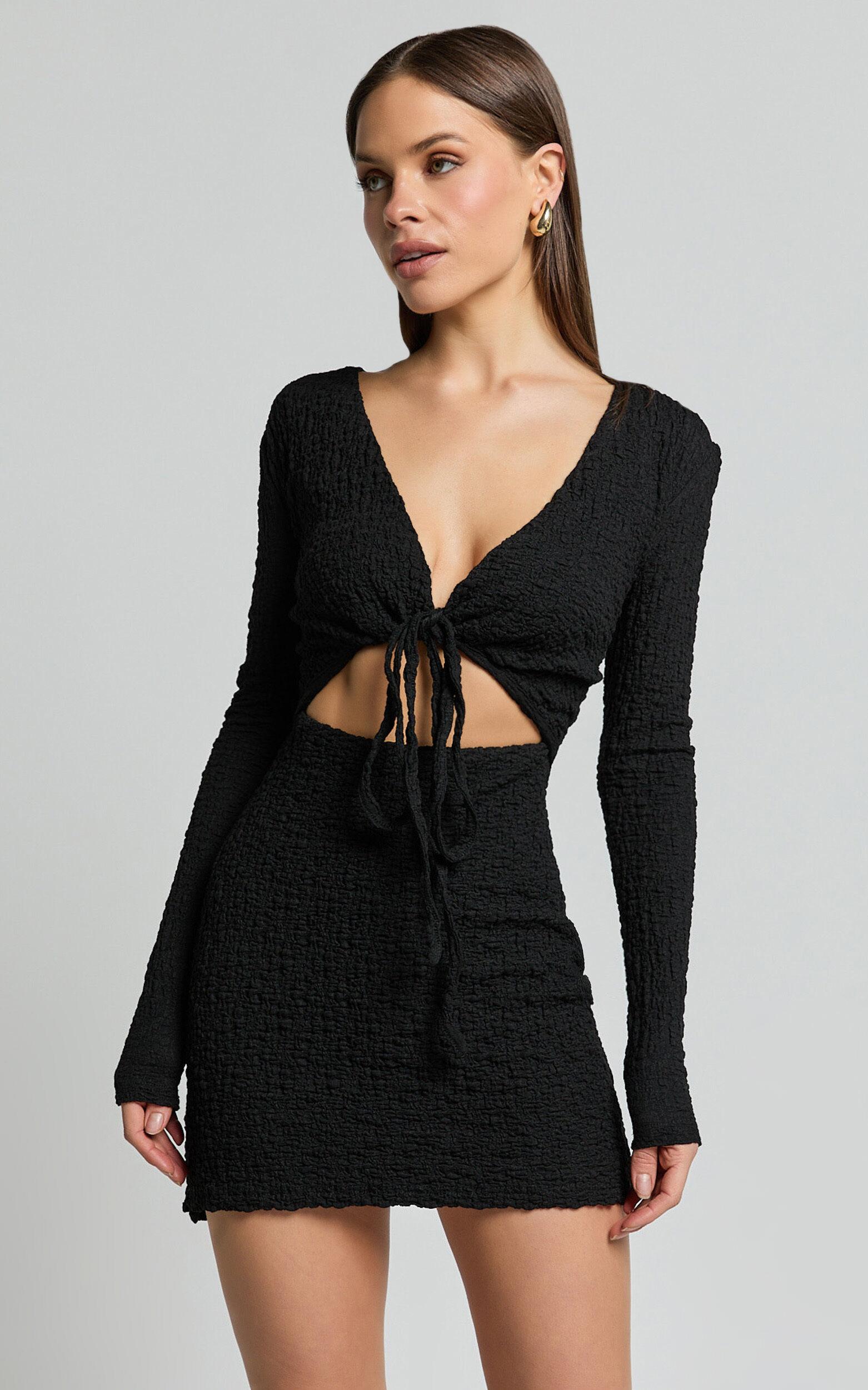 Nicky Mini Dress - Textured Plunge Cut Out Dress in Black Product Image