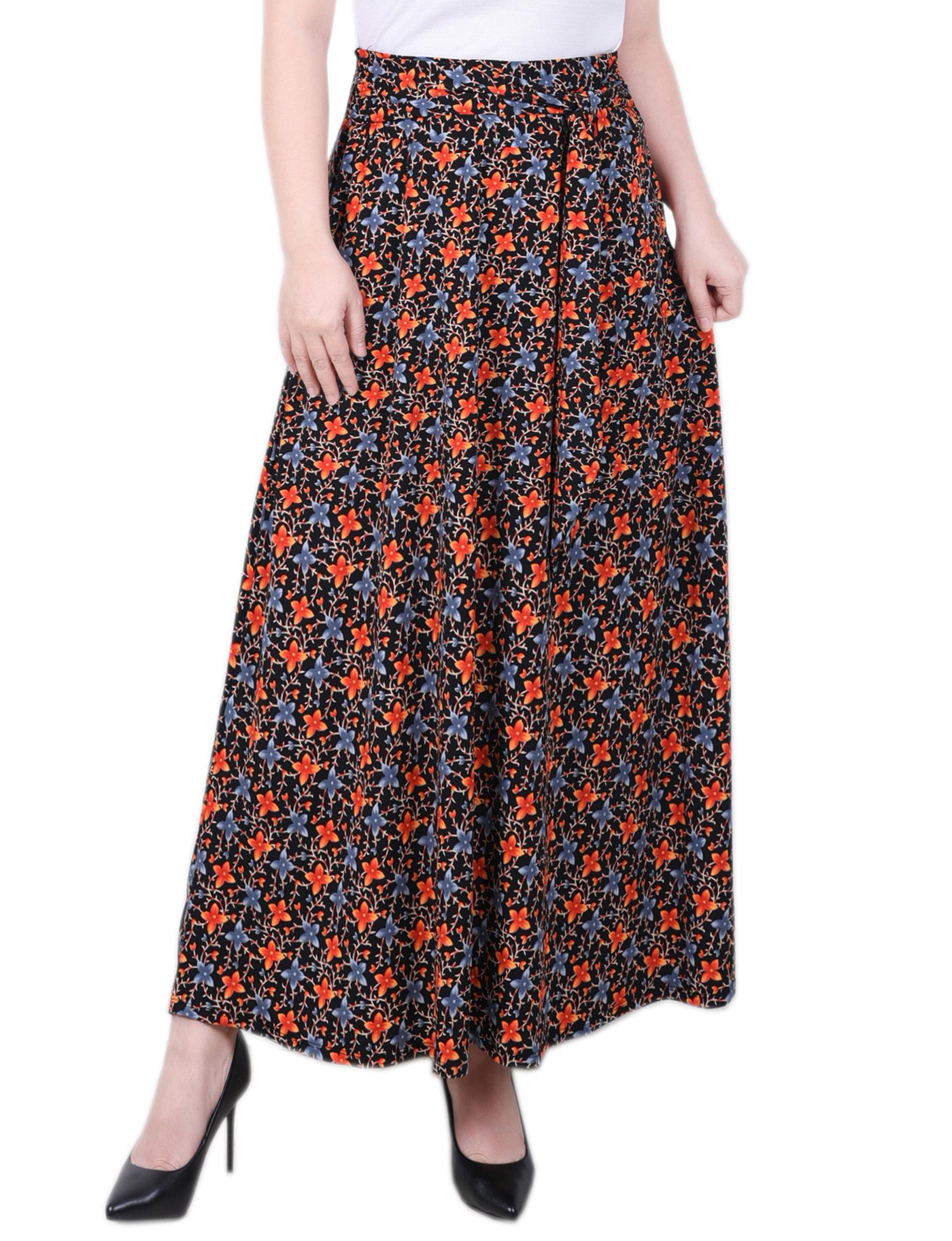 Black Orange Floral Maxi Skirt With Sash Waist Tie Product Image