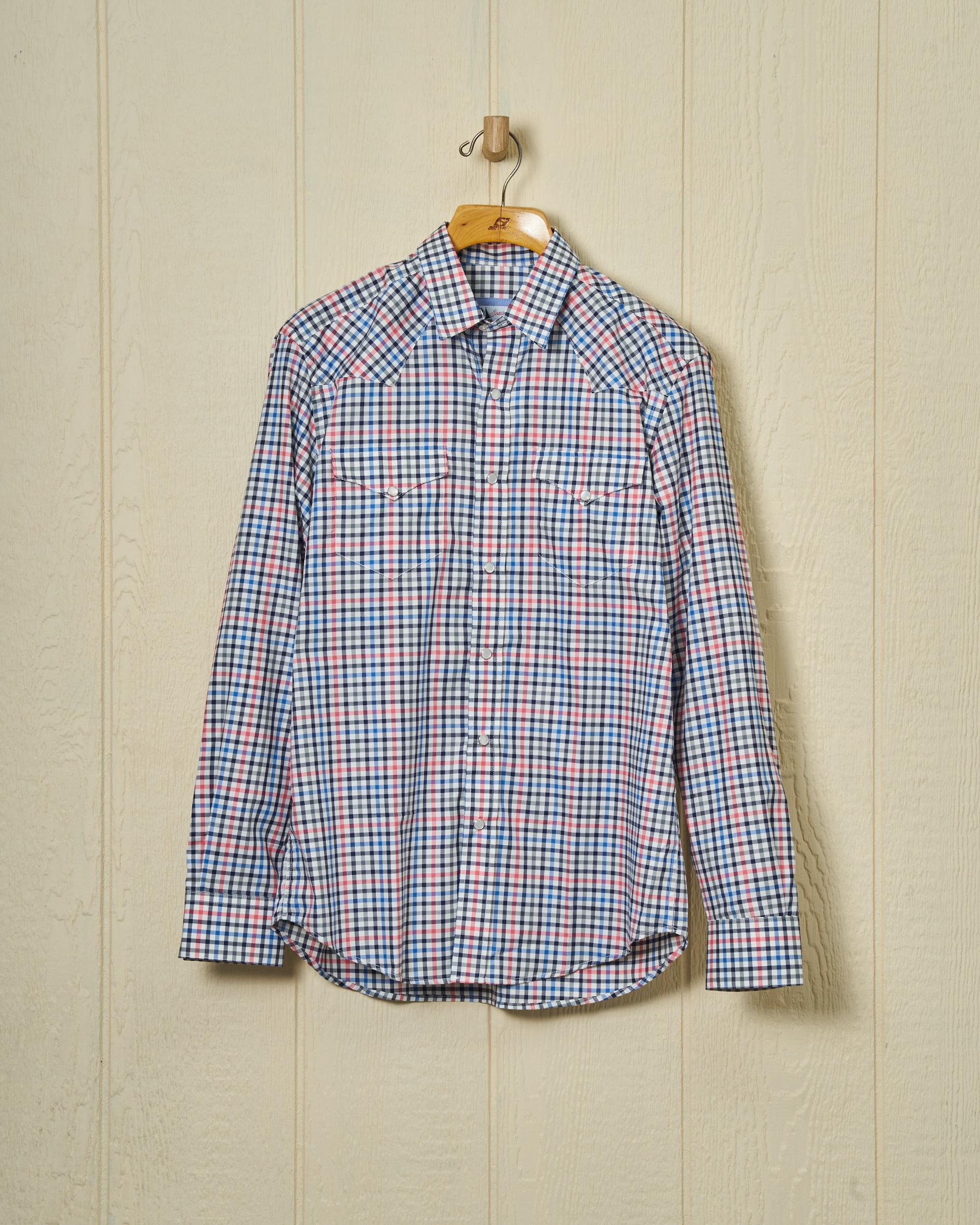 Western Sea-Washed Shirt in Blue/Coral Gun Check Product Image