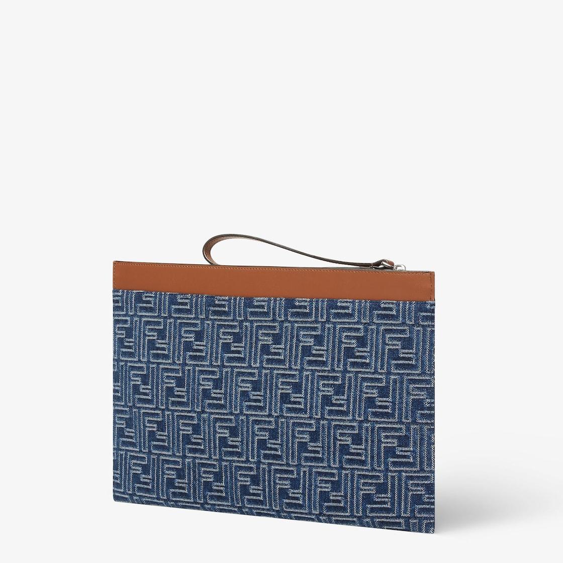 FF Medium Flat PouchBrown leather and blue denim-effect FF Jacquard pouch Product Image