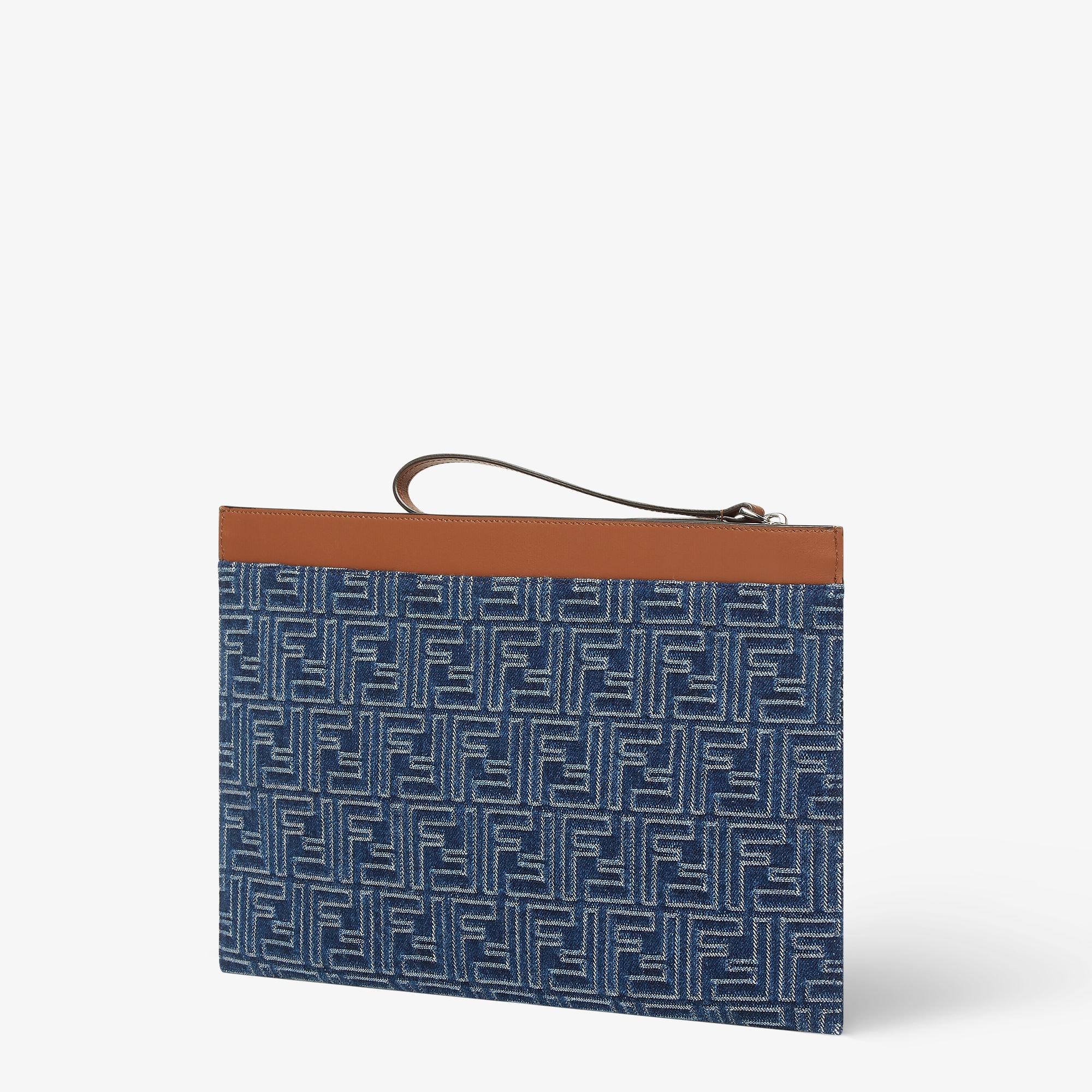 FF Medium Flat PouchBrown leather and blue denim-effect FF Jacquard pouch Product Image