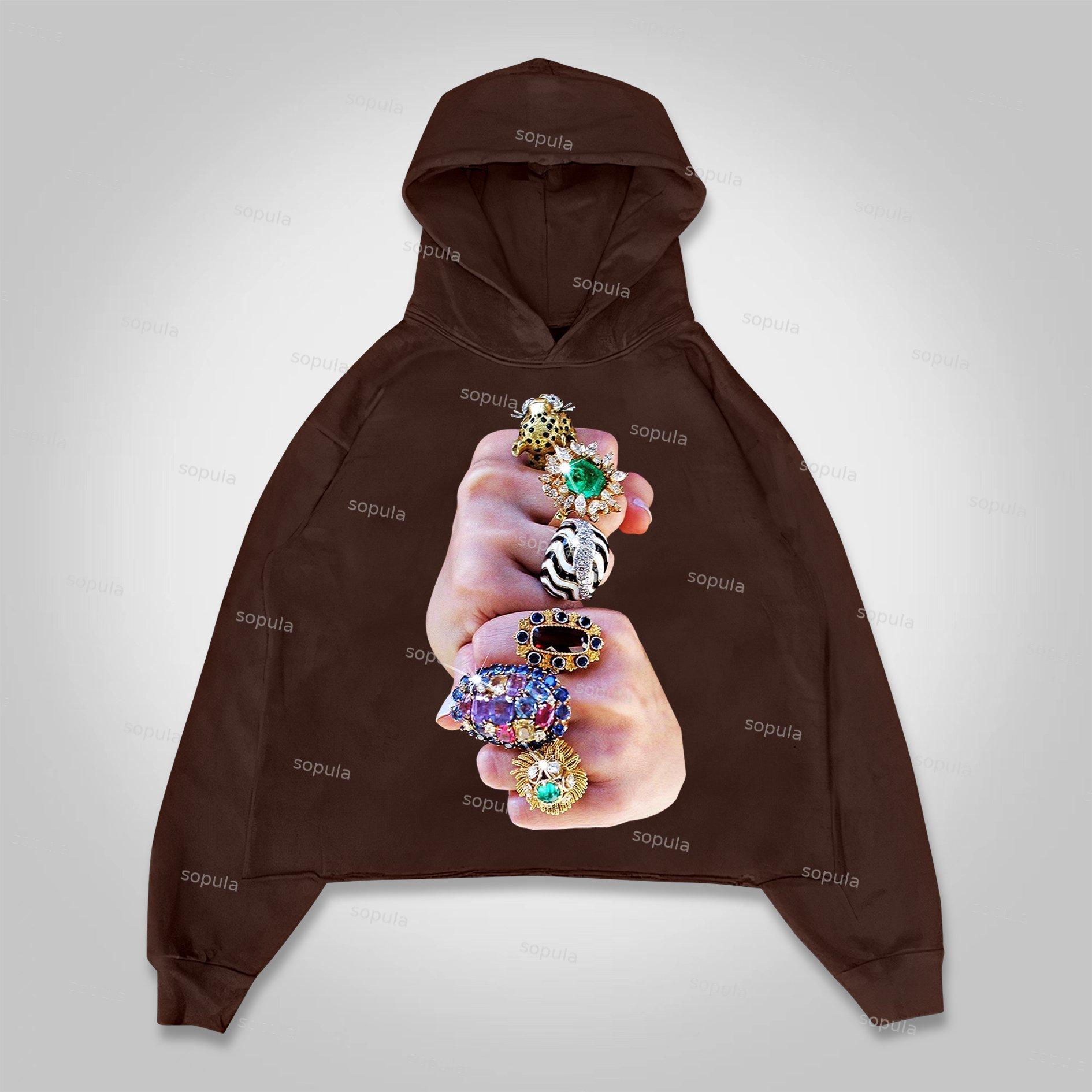Sopula Finger Graffiti Diamond Ring Print Cropped Hoodie Product Image