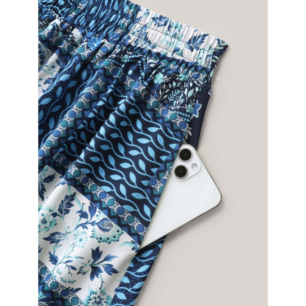 Plus Size Collage Floral Print Flared Maxi Skirt Women Mediumblue Resort Patchwork Low stretch Slanted pocket Vacation Skirts BloomChic 22-24/3X Product Image