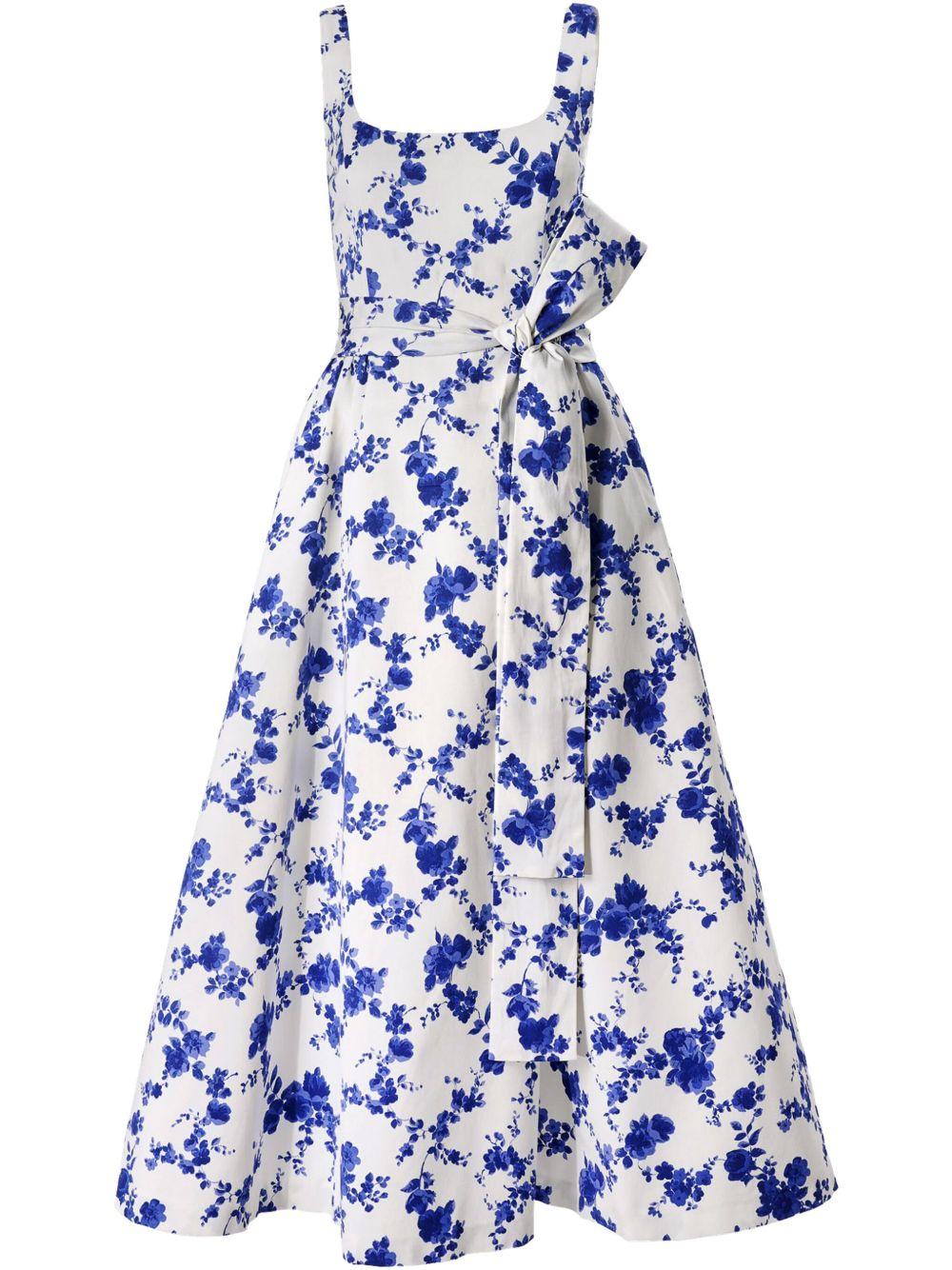 CAROLINA HERRERA Sleeveless Scoop Neck Midi Dress With Sash In White Multi Product Image