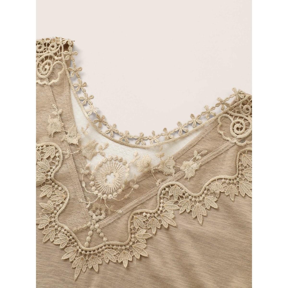 Plus Size Plain Heather Lace Mesh Patchwork T-shirt Tan Women Elegant Non Plain V-neck Everyday T-shirts BloomChic 28/5X Product Image