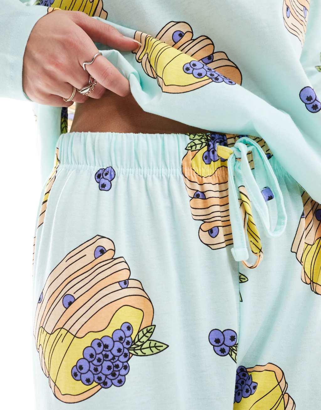 ASOS DESIGN Tall pancakes long sleeve top & pants pajama set in blue Product Image
