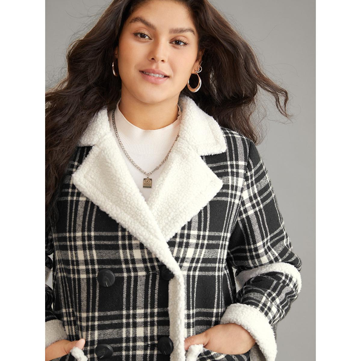 Plus Size Lapel Collar Plaid Pocket Fuzzy Trim Coat Women Black Casual Lined Ladies Dailywear Winter Coats BloomChic 10/M Product Image