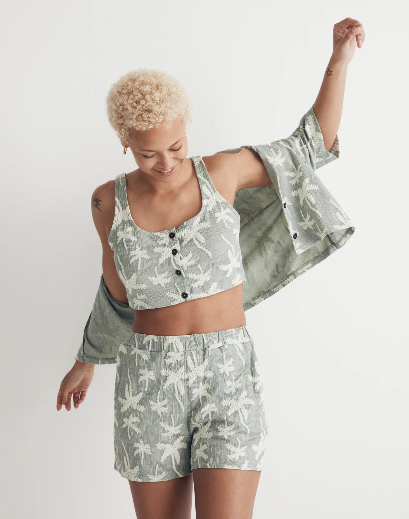 Jacquard Square-Neck Button-Front Crop Tank Product Image