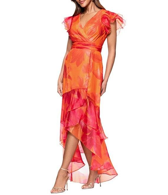 Xscape Organza Floral Print V-Neck Short Sleeve Ruffle A-Line Midi Dress Product Image