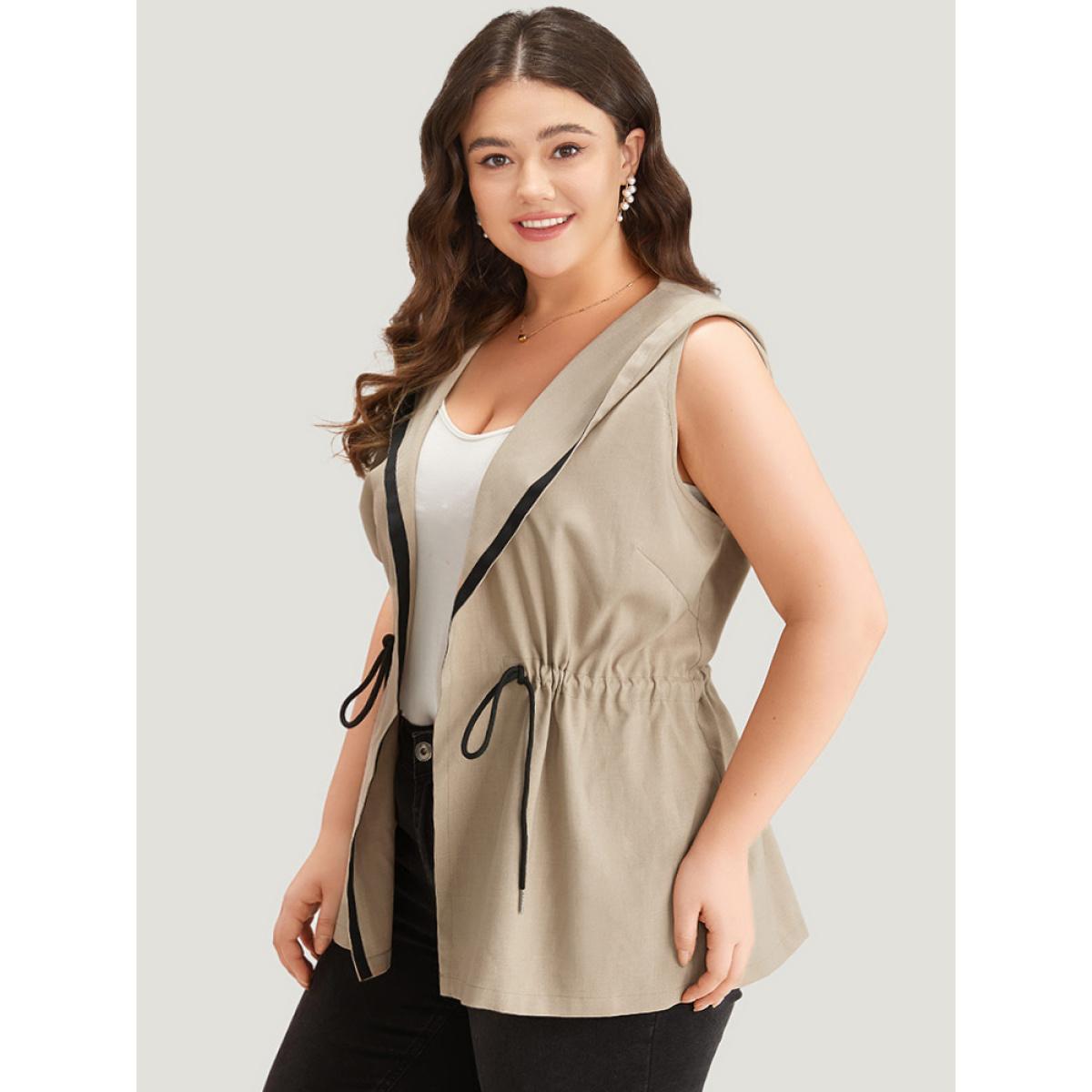 Plus Size Contrast Trim Hooded Elastic Waist Drawstring Sleeveless Jacket Women LightBrown Casual Contrast Ladies Dailywear Winter Coats BloomChic 18-20/2X Product Image