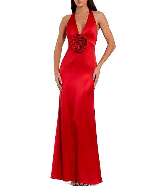 Mac Duggal Fitted Satin Halter V-Neck Sleeveless 3D Flower Open Back Sheath Dress Product Image