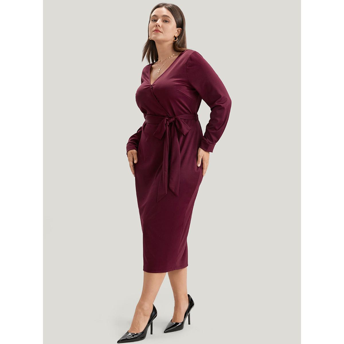 Plus Size Solid Wrap Belted Lantern Sleeve Skinny Dress Burgundy Women Glamour Cross straps V-neck Long Sleeve Curvy Midi Dress BloomChic 28/5X Product Image