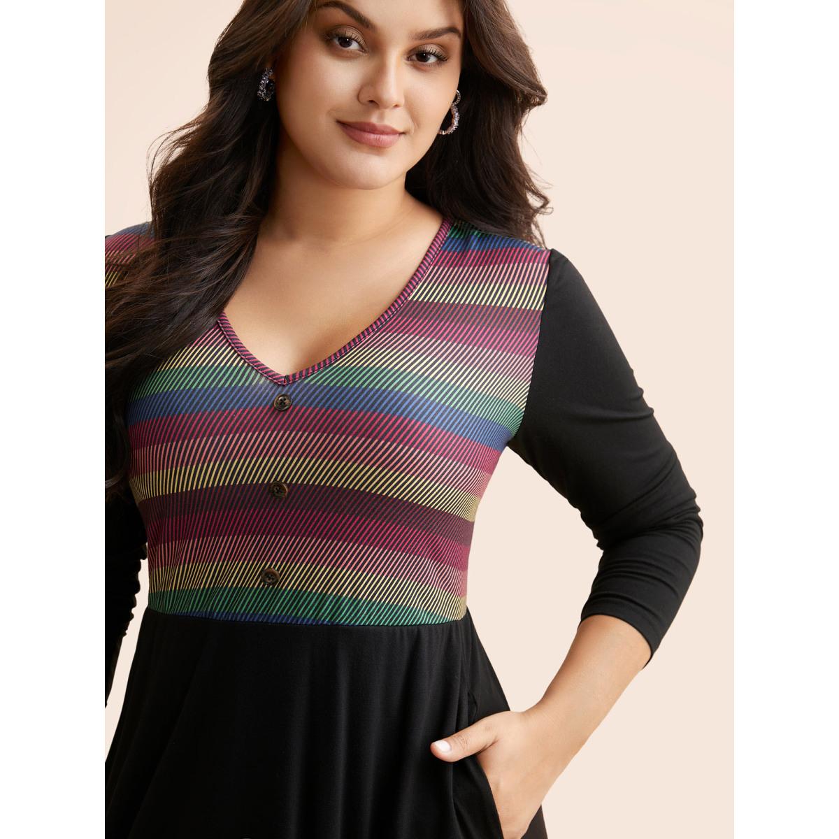 Plus Size Contrast Striped Button Detail Midi Dress Black Women Elegant Contrast V-neck Long Sleeve Curvy BloomChic 26/4X Product Image