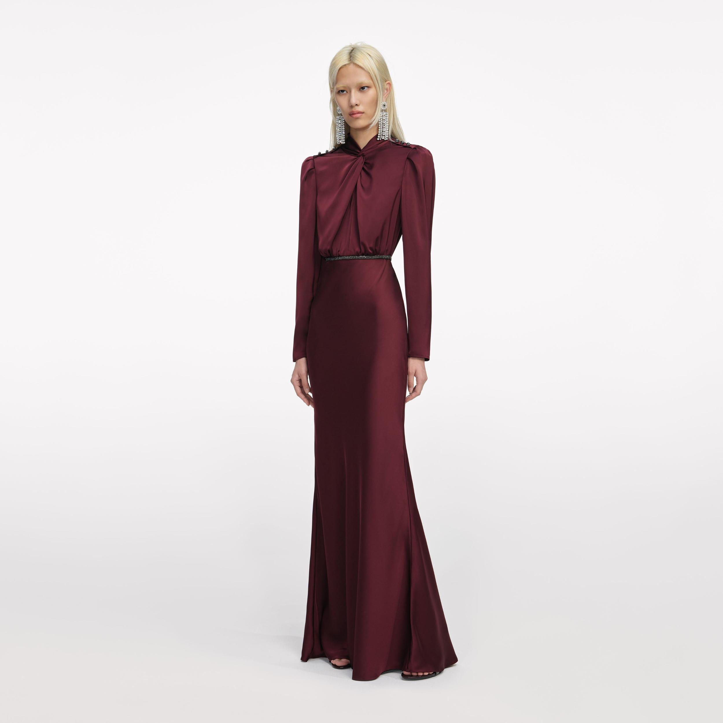 Burgundy Satin Maxi Dress Product Image