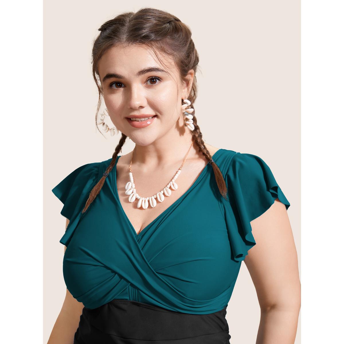 Plus Size Two Tone Gathered Ruffle Sleeve One Piece Swimsuit Women's Swimwear Cyan Beach Twist Curve Bathing Suits High stretch One Pieces BloomChic 28/5X Product Image