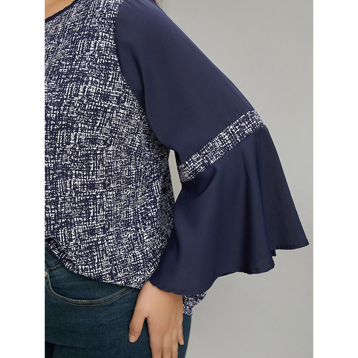 Plus Size DarkBlue Patchwork Crew Neck Ruffle Sleeve Blouse Women Vacation Long Sleeve Round Neck Dailywear Blouses BloomChic 22-24/3X Product Image