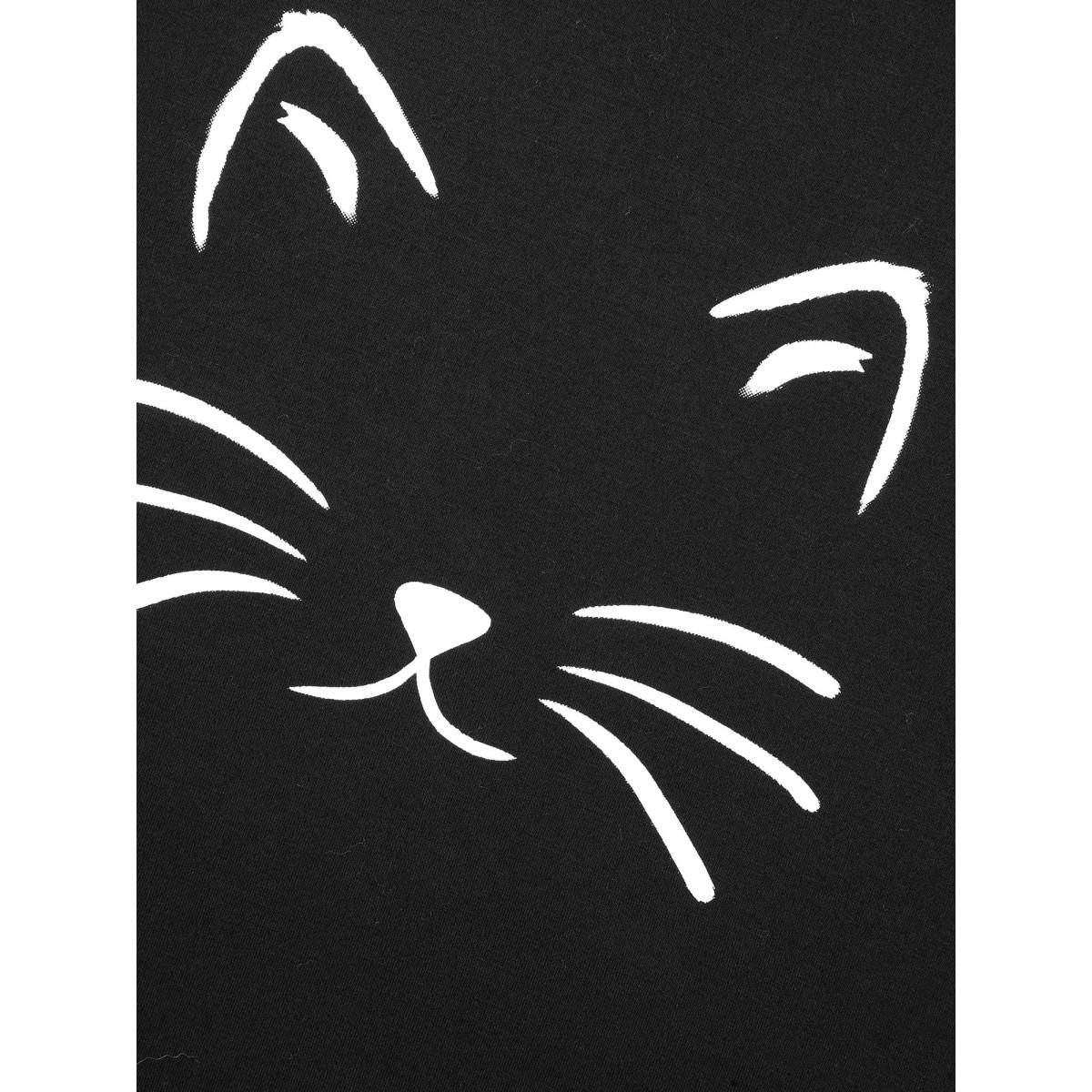 Plus Size Meow Print Round Neck Slim-Fit T-shirt Black Women Casual Non Animals Round Neck Everyday T-shirts BloomChic 30/6X Product Image