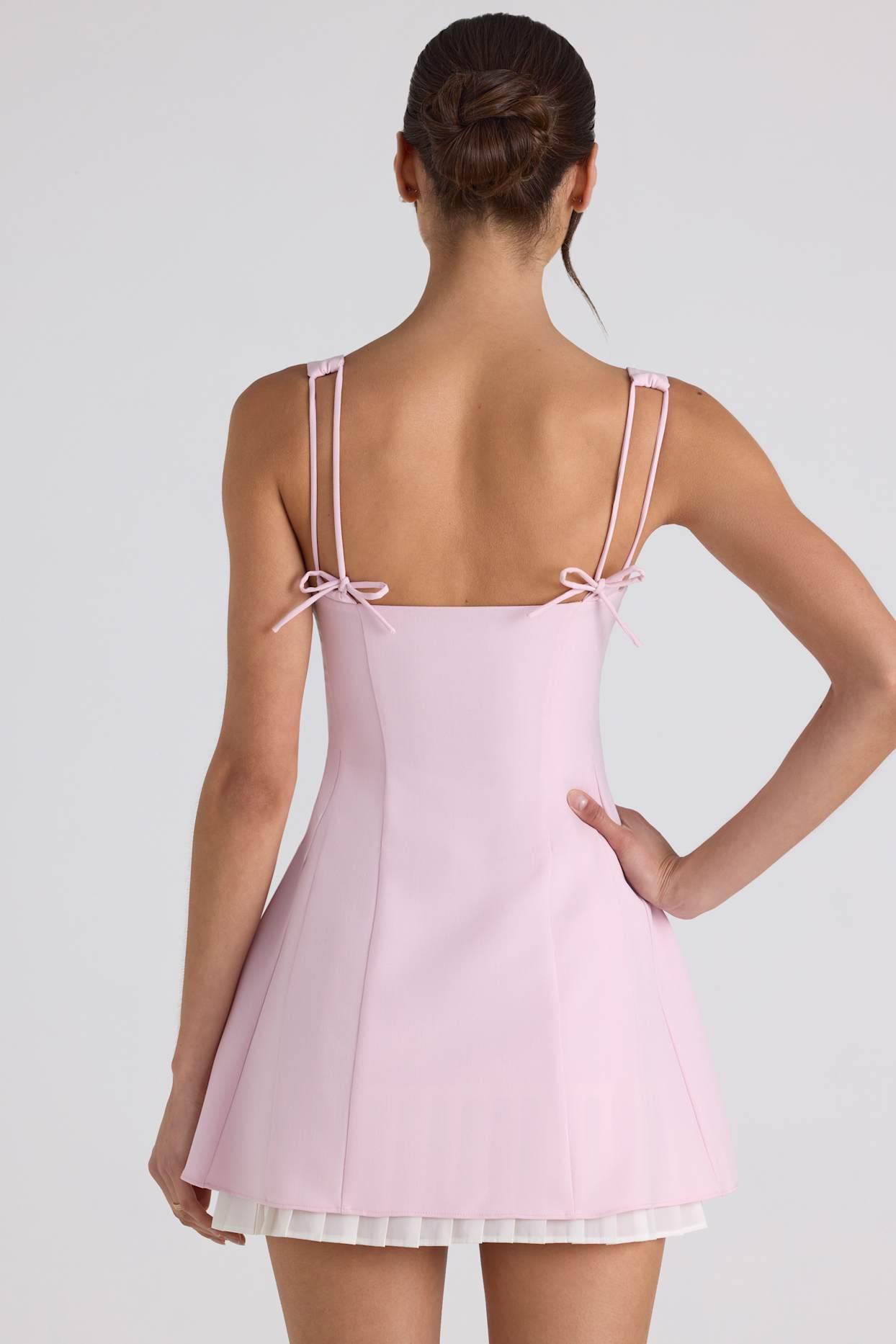 Bow-Detail Pleated A-Line Mini Dress in Soft Pink Product Image