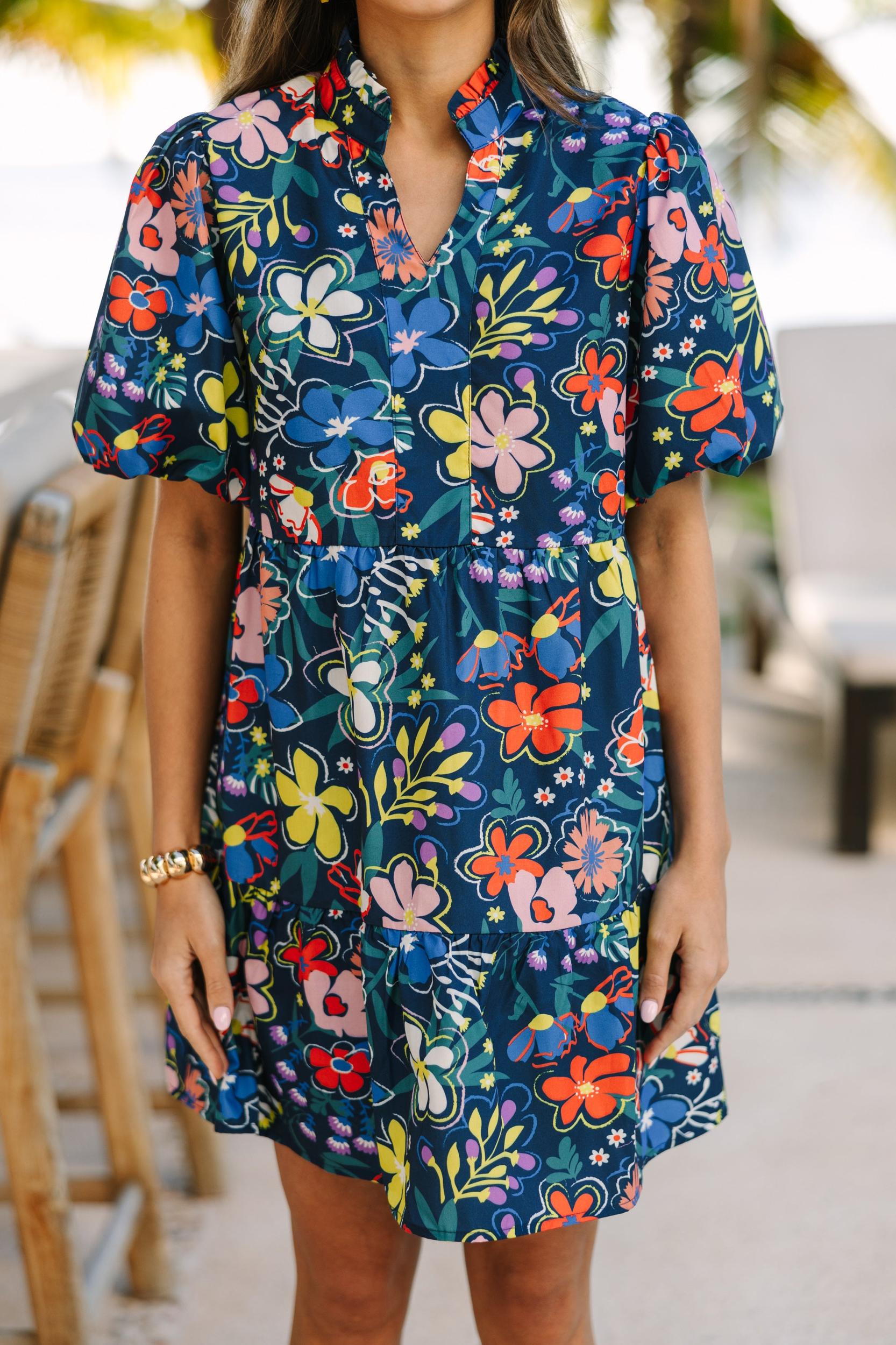 When You Know Navy Blue Floral Babydoll Dress Female Product Image