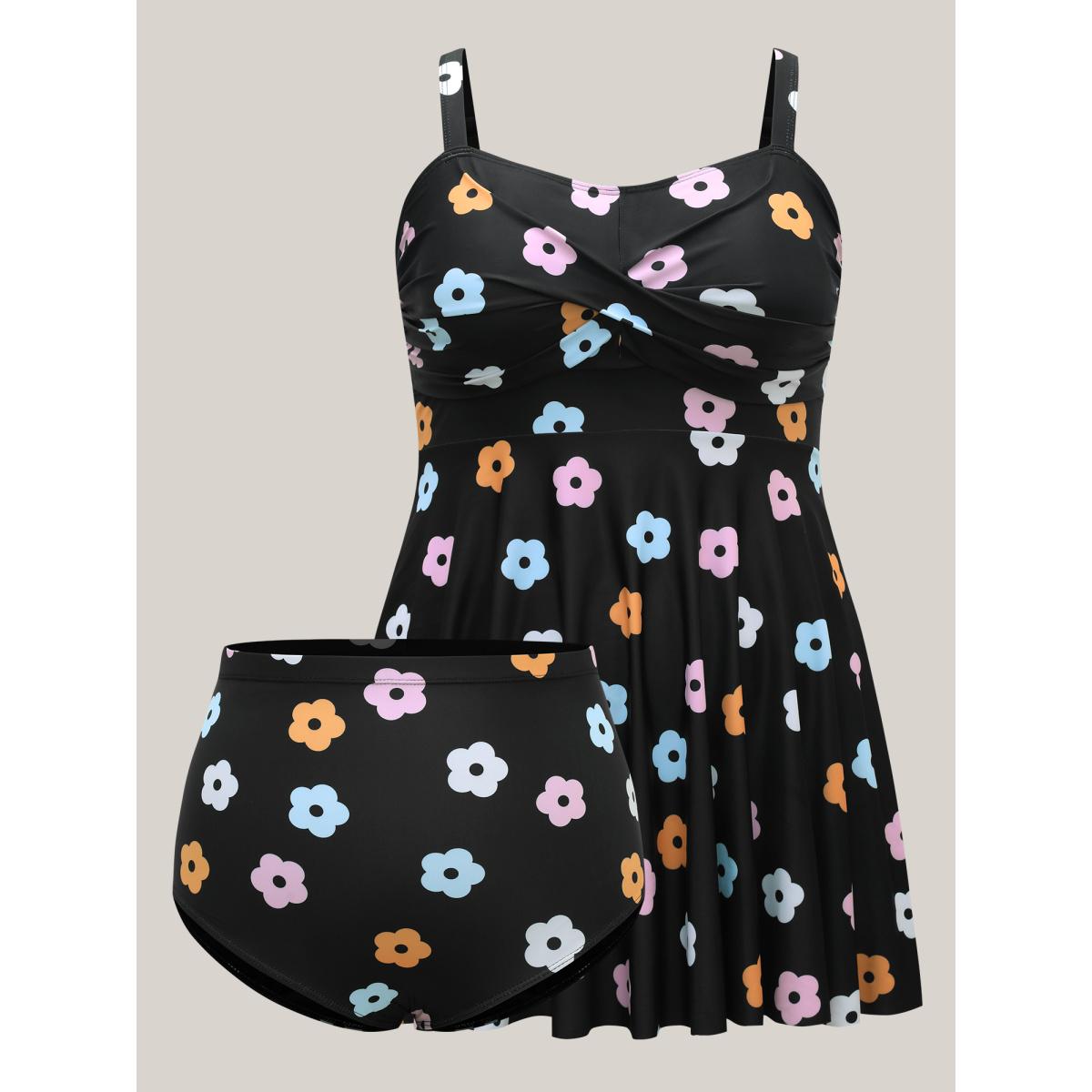 Plus Size Twist Front Floral Print Flared Swim Dress Women's Swimwear Black Resort Bodycon U-neck High stretch Curve Swim Dresses BloomChic 14-16/1X Product Image
